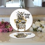 Realhomes Beyaz Zeminde 3D Ananas Özel Tasarımlı Modern 2'li Yuvarlak Servis Altlığı - Supla Realhomes