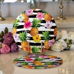 - Supla2li-3253-Gorsel1 - Realhomes Realhomes Siyah Zeminli Renkli Ananaslar Özel Tasarım Modern 2'li Yuvarlak Servis Altlığı - Supla Realhomes