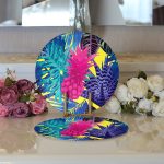 Realhomes Sarı Zeminde Tropikal Orman Tasarımlı Modern 2'li Yuvarlak Servis Altlığı - Supla Realhomes