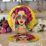 Realhomes Sarı Zeminli Pop Art Girl Desenli Modern 2'li Yuvarlak Servis Altlığı - Supla Realhomes