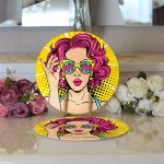 Realhomes Sarı Zeminli Pop Art Girl Desenli Modern 2'li Yuvarlak Servis Altlığı - Supla Realhomes