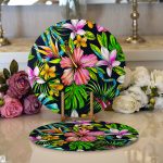 Realhomes Lacivert Zeminli Tropikal Desenli Dijital Baskılı Modern 2'li Yuvarlak Servis Altlığı - Supla Realhomes