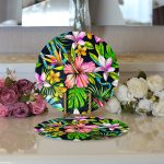 Realhomes Lacivert Zeminli Tropikal Desenli Dijital Baskılı Modern 2'li Yuvarlak Servis Altlığı - Supla Realhomes