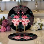 Realhomes Siyah Zeminde Lilyum ve Flamingo Özel Tasarım Modern 2'li Yuvarlak Servis Altlığı - Supla Realhomes