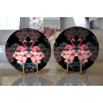 Realhomes Siyah Zeminde Lilyum ve Flamingo Özel Tasarım Modern 2'li Yuvarlak Servis Altlığı - Supla Realhomes