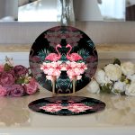 Realhomes Siyah Zeminde Lilyum ve Flamingo Özel Tasarım Modern 2'li Yuvarlak Servis Altlığı - Supla Realhomes