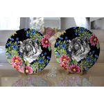 Realhomes Siyah Zeminde Leopar ve Çiçekler Özel Tasarım Modern 2'li Yuvarlak Servis Altlığı - Supla Realhomes