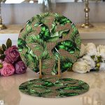 Realhomes Çuval Zeminde Yeşil Yaprak Desenli Özel Tasarım Modern 2'li Yuvarlak Servis Altlığı - Supla Realhomes