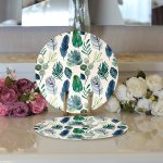 Realhomes Pudra Zeminde Suluboya Yapraklar Tasarımlı Modern 2'li Yuvarlak Servis Altlığı - Supla Realhomes