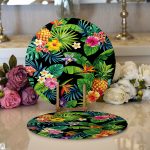 Realhomes Siyah Zeminli Geometrik Yapraklar Desenli Modern 2'li Yuvarlak Servis Altlığı - Supla Realhomes