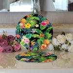 Realhomes Siyah Zeminli Geometrik Yapraklar Desenli Modern 2'li Yuvarlak Servis Altlığı - Supla Realhomes