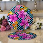 Realhomes Mavi Geometrik Zeminli Çiçekler Modern Tasarım 2'li Yuvarlak Servis Altlığı - Supla Realhomes