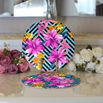 Realhomes Mavi Geometrik Zeminli Çiçekler Modern Tasarım 2'li Yuvarlak Servis Altlığı - Supla Realhomes