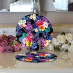 - Supla2li-3372-Gorsel3 - Realhomes Realhomes Siyah Zeminde Rengarenk Çiçekler Tasarımlı Modern 2'li Yuvarlak Servis Altlığı - Supla Realhomes