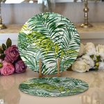 - Supla2li-3377-Gorsel1 - Realhomes Realhomes Yeşil Palmiye Yaprakları Özel Tasarımlı Modern 2'li Yuvarlak Servis Altlığı - Supla Realhomes