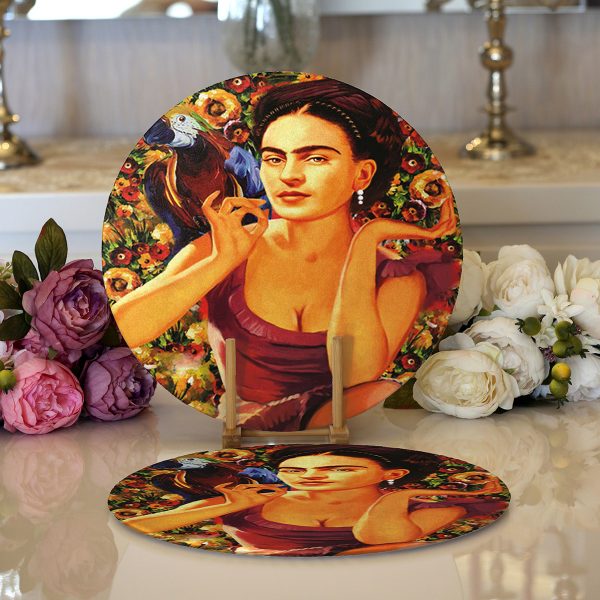 - Supla2li-3378-Gorsel1 - Realhomes  Realhomes Renkli Zemin Üzerinde Onedraw Çizimli Yaprak Desenli 2'li Yuvarlak Servis Altlığı - Supla Realhomes