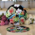 Realhomes Siyah Zeminde Tropikal Desen Özel Tasarım 2'li Yuvarlak Servis Altlığı - Supla Realhomes