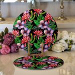 - Supla2li-3444-Gorsel1 - Realhomes Realhomes Siyah Zeminde Suluboya Tropik Bitkiler Tasarımlı 2'li Yuvarlak Servis Altlığı - Supla Realhomes