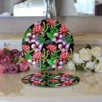 - Supla2li-3444-Gorsel3 - Realhomes Realhomes Siyah Zeminde Suluboya Tropik Bitkiler Tasarımlı 2'li Yuvarlak Servis Altlığı - Supla Realhomes