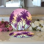 Realhomes Renkli Zeminde Palmiye Motifli Dijital Baskılı Modern 2'li Yuvarlak Servis Altlığı - Supla Realhomes