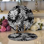 Realhomes Siyah Zeminde Beyaz Yaprak Tasarımlı Dijital Baskılı 2'li Yuvarlak Servis Altlığı - Supla Realhomes