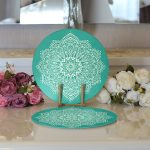 Realhomes Turkuaz Zeminde Mandala Dijital Baskılı Modern 2'li Yuvarlak Servis Altlığı - Supla Realhomes