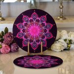 Realhomes Siyah Zeminde Pembe Neon Mandala Desenli Modern 2'li Yuvarlak Servis Altlığı - Supla Realhomes