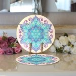 Realhomes Pembe Zeminde Mavi Mandala Çizimli Modern 2'li Yuvarlak Servis Altlığı - Supla Realhomes