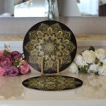 - Supla2li-5123-Gorsel3 - Realhomes Realhomes Siyah Zeminde Gold Mandala Motifli Modern 2'li Yuvarlak Servis Altlığı - Supla Realhomes