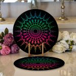 - Supla2li-5144-Gorsel1 - Realhomes Realhomes Siyah Zeminde Pembe Yeşil Mandala Motifli Modern 2'li Yuvarlak Servis Altlığı - Supla Realhomes