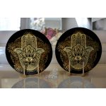 Realhomes Siyah Zeminde Mandala İçinde Gold Fâtımâ'nın Eli Motifli Modern 2'li Yuvarlak Servis Altlığı - Supla Realhomes