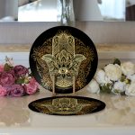 Realhomes Siyah Zeminde Mandala İçinde Gold Fâtımâ'nın Eli Motifli Modern 2'li Yuvarlak Servis Altlığı - Supla Realhomes
