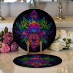 - Supla2li-5209-Gorsel1 - Realhomes Realhomes Siyah Zeminde Renkli Fâtımâ'nın Eli Desenli Modern 2'li Yuvarlak Servis Altlığı - Supla Realhomes