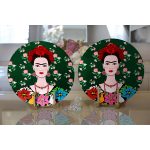 - Supla2li-5212-Gorsel2 - Realhomes  Realhomes Yeşil Zeminde Frida Kahlo Motifli Özel Tasarım Modern 2'li Yuvarlak Servis Altlığı - Supla Realhomes