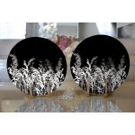 - Supla2li-5233-Gorsel2 - Realhomes  Realhomes Siyah Zeminde Beyaz Ve Gri Çiçek Temalı Özel Tasarım Modern 2'li Yuvarlak Servis Altlığı - Supla Realhomes