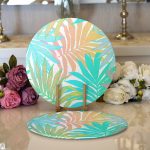 - Supla2li-5266-Gorsel1 - Realhomes Realhomes Mavi Ve Pembe Yaprak Çizimli Özel Tasarım Dijital Baskılı Modern 2'li Yuvarlak Servis Altlığı - Supla Realhomes