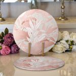 Realhomes Gri Zemin Üzerinde Pembe Yaprak Motifli Özel Tasarım Modern 2'li Yuvarlak Servis Altlığı - Supla Realhomes