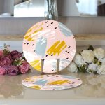 - Supla2li-5295-Gorsel3 - Realhomes  Realhomes Pembe Zemin Üzerinde Sulu Boya Gold Ve Mavi Çizimli Modern 2'li Yuvarlak Servis Altlığı - Supla Realhomes