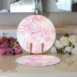 - Supla2li-5321-Gorsel3 - Realhomes Realhomes Pembe Ve Mavi Yaprak Desenli Özel Tasarım Modern 2'li Yuvarlak Servis Altlığı - Supla Realhomes