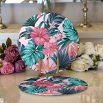 - Supla2li-5333-Gorsel1 - Realhomes Realhomes Pembe Zeminde Canlı Tropik Yaprakları Dijital Baskılı Modern 2'li Yuvarlak Servis Altlığı - Supla Realhomes