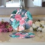 - Supla2li-5333-Gorsel3 - Realhomes Realhomes Pembe Zeminde Canlı Tropik Yaprakları Dijital Baskılı Modern 2'li Yuvarlak Servis Altlığı - Supla Realhomes