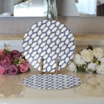 - Supla2li-5392-Gorsel3 - Realhomes Realhomes Lacivert Kot Zemin Üzerinde Gri Su Damlacıklı Modern 2'li Yuvarlak Servis Altlığı - Supla Realhomes