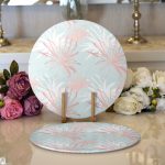 Realhomes Gökyüzü Zemin Üzerinde Beyaz Ve Pembe Yaprak Tasarımlı Modern 2'li Yuvarlak Servis Altlığı - Supla Realhomes