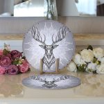 Realhomes Gri Zeminde Yıldız Motifli Geometrik Geyik Dijital Baskılı Modern 2'li Yuvarlak Servis Altlığı - Supla Realhomes