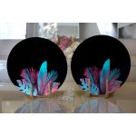 Realhomes Siyah Zeminli Tropik Yapraklı Özel Tasarım Modern 2'li Yuvarlak Servis Altlığı - Supla Realhomes