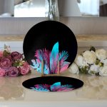 Realhomes Siyah Zeminli Tropik Yapraklı Özel Tasarım Modern 2'li Yuvarlak Servis Altlığı - Supla Realhomes