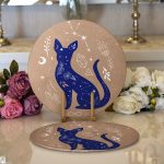 Realhomes Haki Zeminli Mavi Kedi Desenli Özel Tasarım Modern 2'li Yuvarlak Servis Altlığı - Supla Realhomes