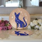 Realhomes Haki Zeminli Mavi Kedi Desenli Özel Tasarım Modern 2'li Yuvarlak Servis Altlığı - Supla Realhomes