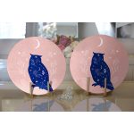 Realhomes Bej Pembe Zeminde Mavi Baykuş Motifli Modern 2'li Yuvarlak Servis Altlığı - Supla Realhomes