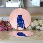 Realhomes Bej Pembe Zeminde Mavi Baykuş Motifli Modern 2'li Yuvarlak Servis Altlığı - Supla Realhomes